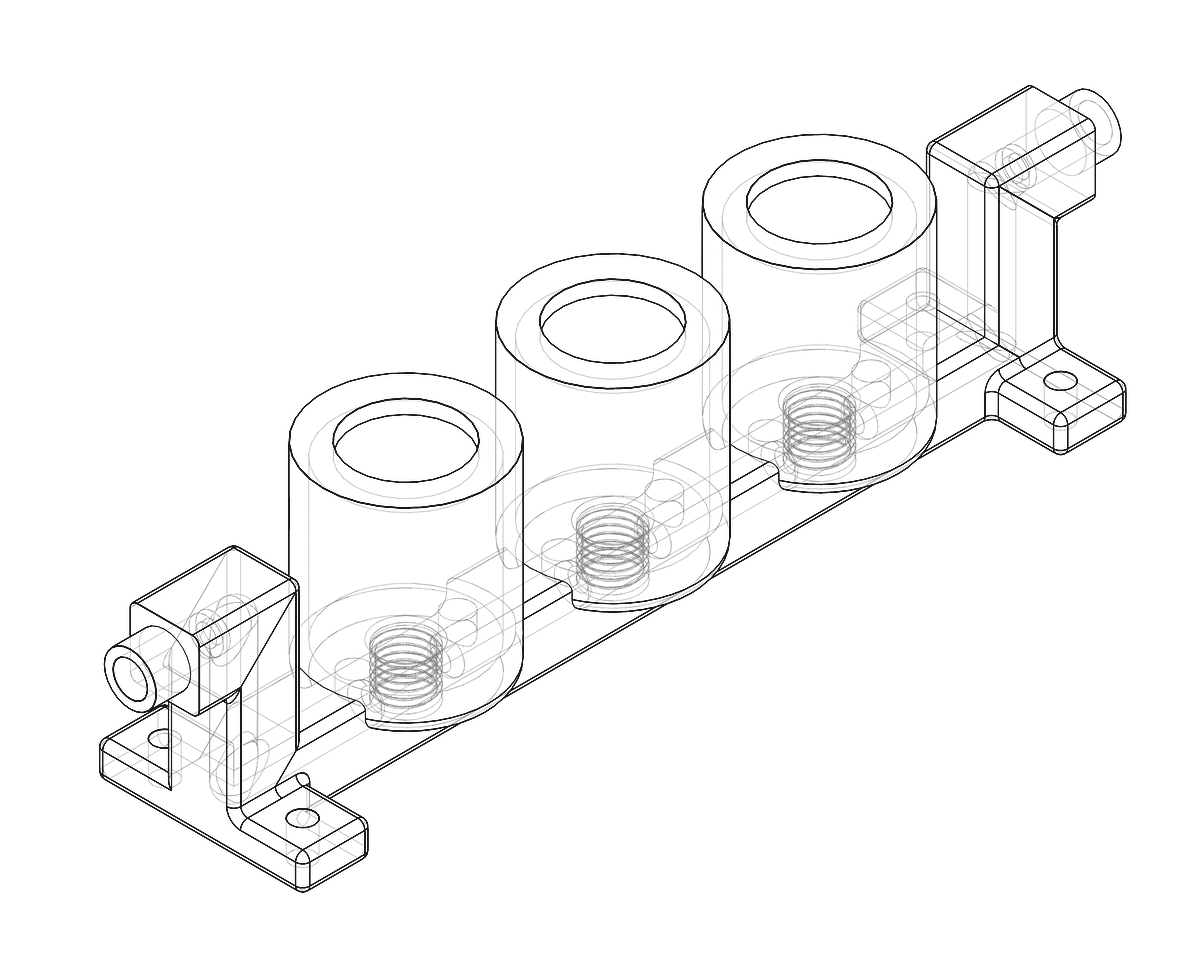 Isometric wireframe CAD of the Well Base Tube showing chambers, inlets and outlets
