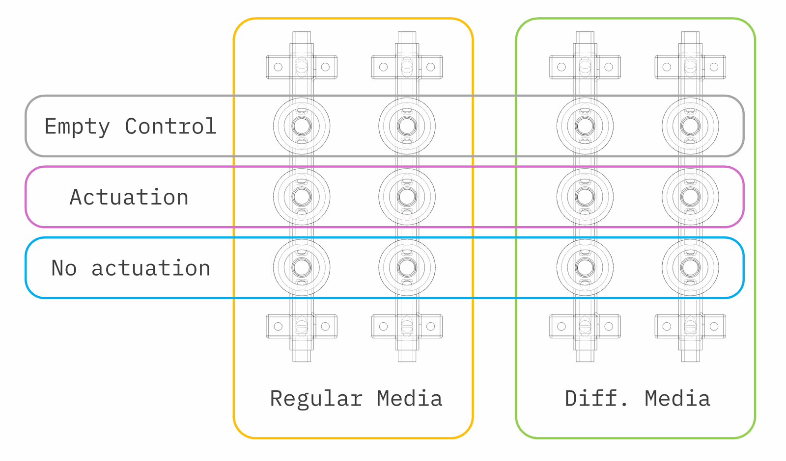 Planned study. Two media conditions × three sample roles (empty control, actuated, non-actuated) across the array.