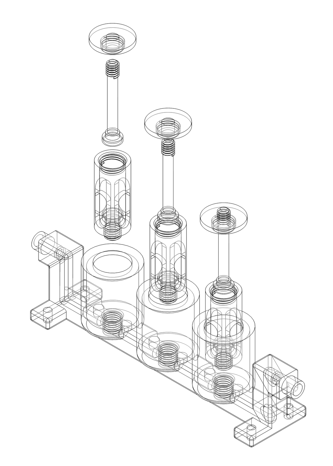 Exploded CAD assembly of one bioreactor unit — base tube, three scaffold wells, presses, and caps