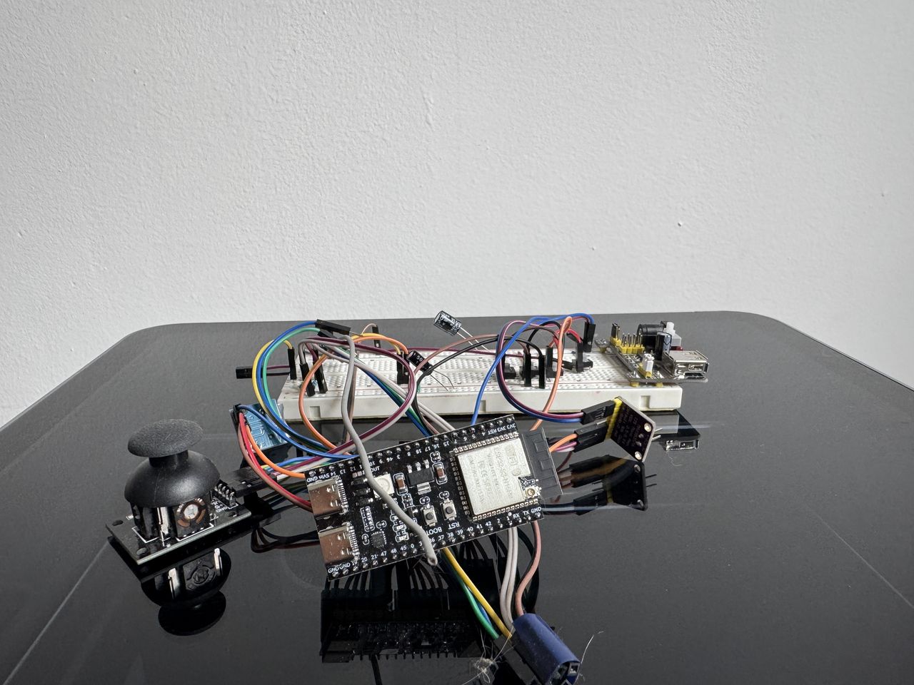 The first working stack on a breadboard: processor, display, clock chip and joystick