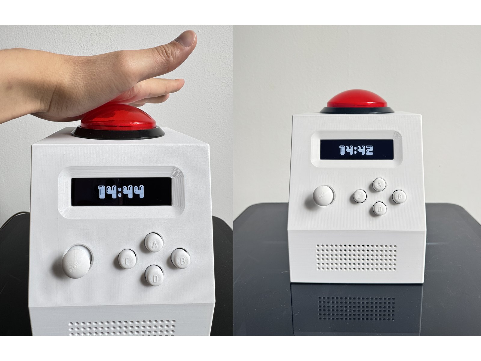 Left, a palm coming down flat on the red dome button while the display reads 14:44. Right, CinderClock standing on a desk showing 14:42