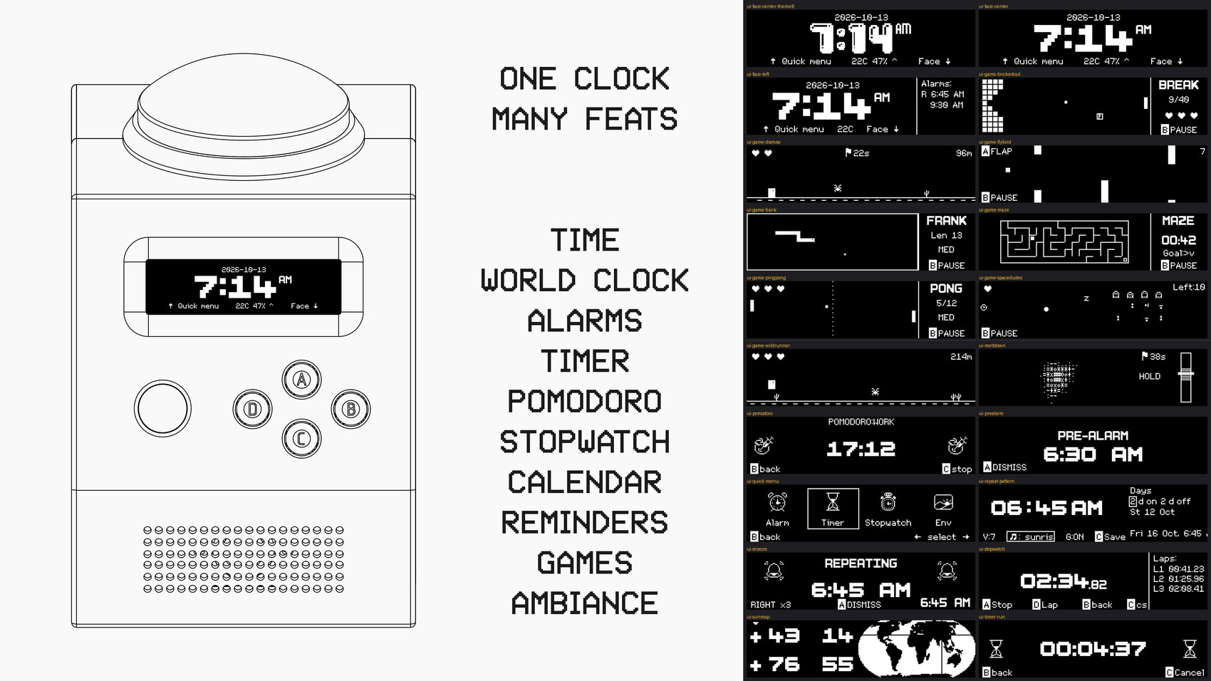 A line drawing of CinderClock beside the list one clock, many feats: time, world clock, alarms, timer, pomodoro, stopwatch, calendar, reminders, games, ambiance; and a grid of twenty-two screens the device actually draws