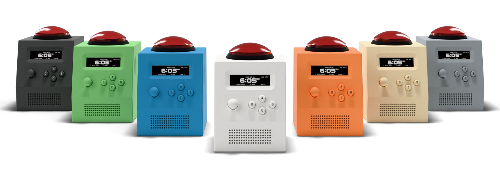 Seven CinderClocks in a V-shaped lineup, all with red dome buttons: dark grey, green, blue, white at the front, orange, beige and light grey