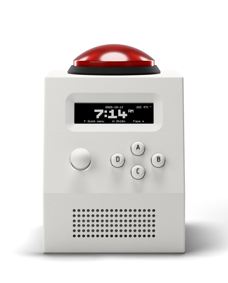 Ein frontales Studio-Rendering von CinderClock in mattweiß, das das Display, den Joystick und die Tasten sowie den roten Kuppelknopf oben zeigt
