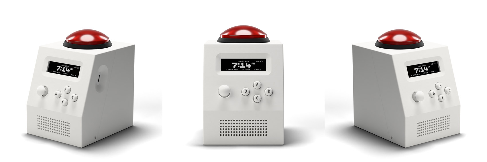 Three studio renders of CinderClock shown from the left three-quarter, front, and right three-quarter angles, all in matte white with the red dome button on top