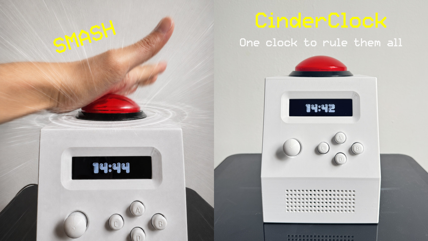 Promotional graphic of the CinderClock dome button being struck, captioned SMASH