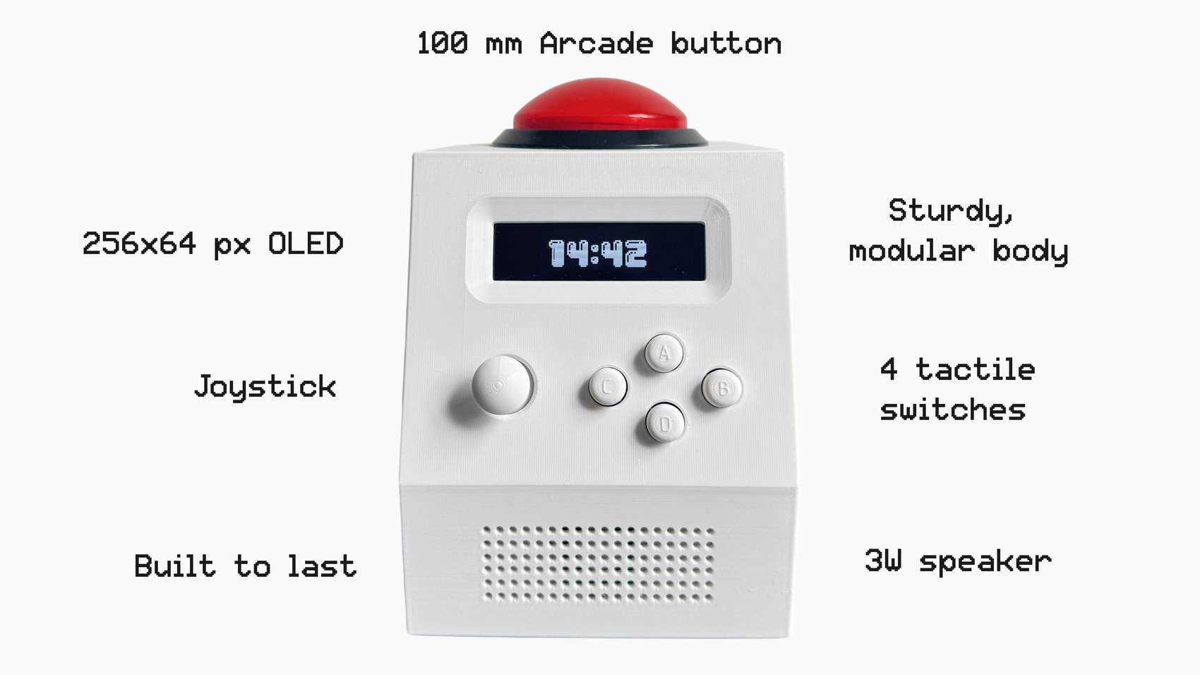The CinderClock specification board: processor, display, audio, power, connectivity, enclosure and dimensions listed against a line drawing of the device