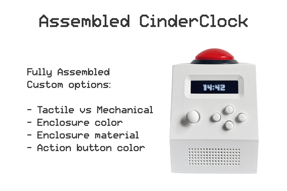Die Belohnung der Assembled Unit: ein fertiger weißer CinderClock mit seinem roten Kuppelknopf