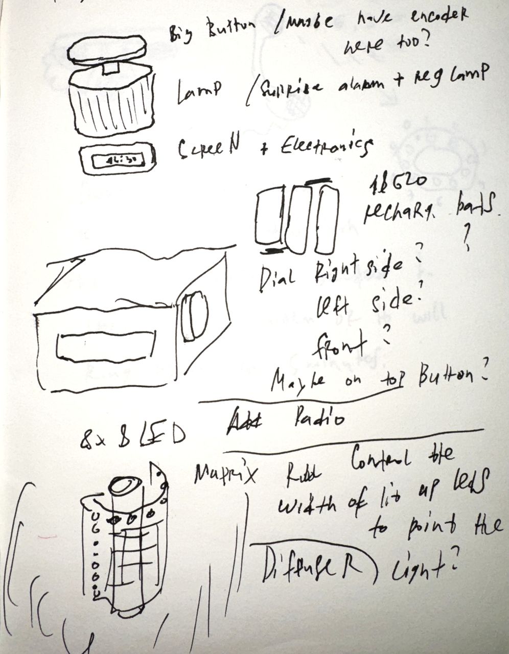Form studies. A lamp attachment, an LED matrix behind a diffuser, and the question of where a dial goes