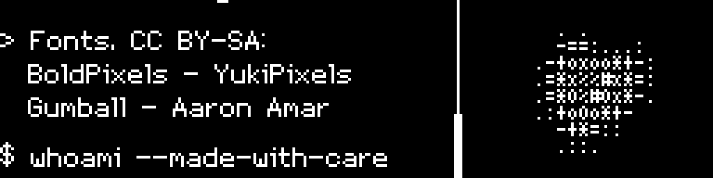 The same About screen scrolled to the bottom, listing the CC BY-SA font credits for BoldPixels by YukiPixels and Gumball by Aaron Amar