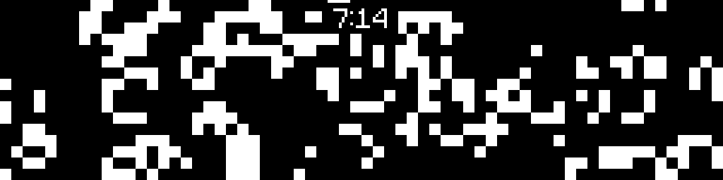 The CinderClock Life ambient animation, a Conway's Game of Life field of square cells across the panel