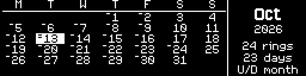 The CinderClock calendar showing October 2026 as a Monday-first month grid, today boxed, alarm ticks beside most day numbers, and monthly totals in the right pane