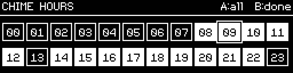 The CinderClock chime hours screen, a grid of 24 numbered checkboxes with the waking hours filled and one hour cleared