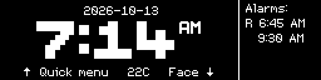 The CinderClock left-split standby face, the time at left with date above and callouts below, and an alarm list in the right pane