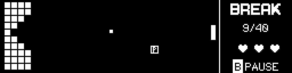 Bricked Out running on CinderClock, a brick wall on the left with a notch chewed into it, a ball in flight and a vertical paddle on the right