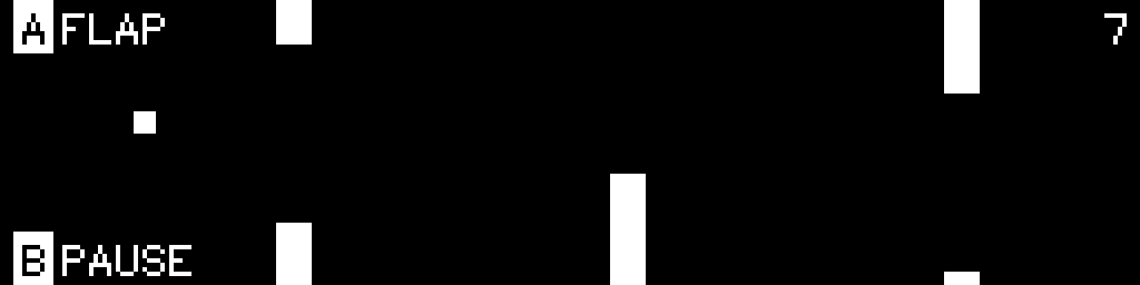Fly Bird running on CinderClock, three pipe pairs scrolling and the bird between them, with a score of 7