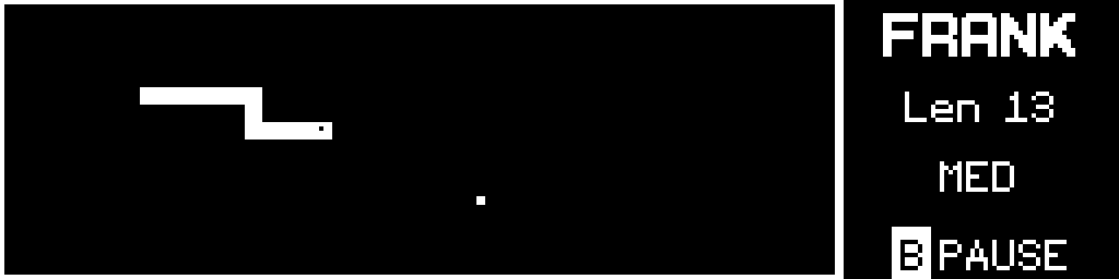 Frank the snake running on CinderClock, a thirteen-segment body with two turns in it and food ahead in the field