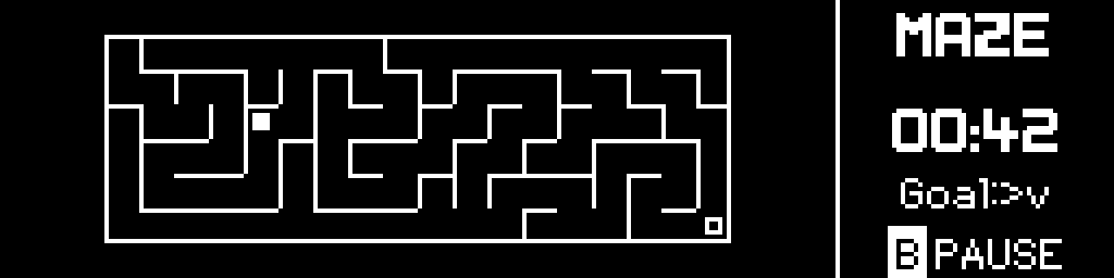 Maze running on CinderClock, a generated grid filling the left pane with the player square inside it and a countdown of 42 seconds in the right pane