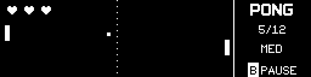 Ping Pong running on CinderClock, two paddles and a ball, with three hearts for lives and a rally score of 5 of 12 in the right pane
