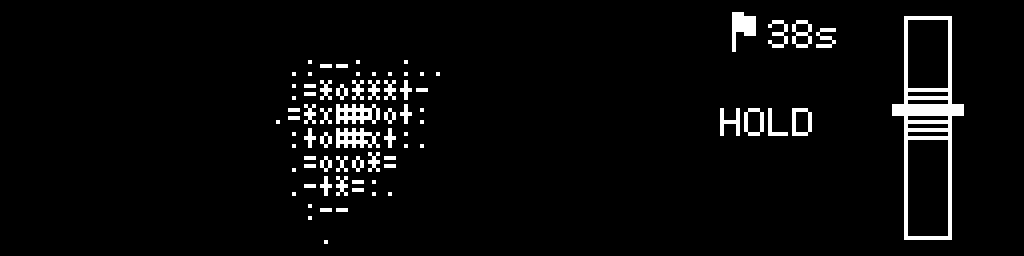 Meltdown running on CinderClock, a reactor core drawn as an ASCII heat field with a temperature gauge on the right and the prompt HOLD