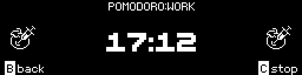 The CinderClock Pomodoro screen in its work phase, 17 minutes 12 seconds remaining, tomato icons at both edges
