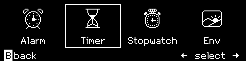 The CinderClock quick access screen showing four boxes labelled Alarm, Timer, Stopwatch and Env, with Timer selected
