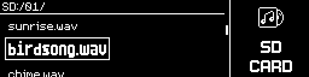 The CinderClock card browser listing WAV files in the folder SD slash 01, with birdsong dot wav selected