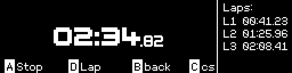 The CinderClock stopwatch at 02:34.82 with three recorded laps listed in the right pane