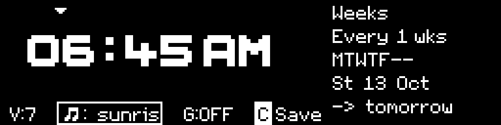 The CinderClock alarm editor drawn in Theme A, the BoldPixels font, showing 06:45 AM