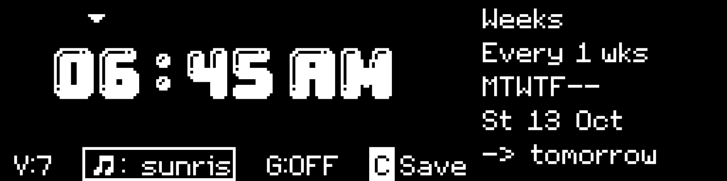 The same CinderClock alarm editor drawn in Theme B, the Gumball font, showing the same 06:45 AM